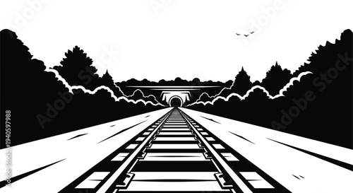 A striking black and white illustration depicts a railway track receding into a dark tunnel framed by silhouetted trees and a cloudy sky