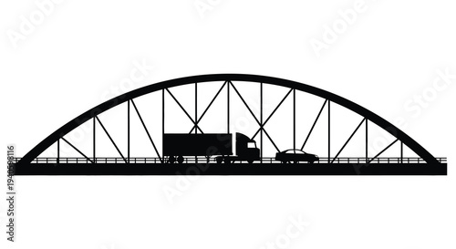 A stark black silhouette depicts a semi truck and automobile traveling across a large arched metal bridge structure high quality