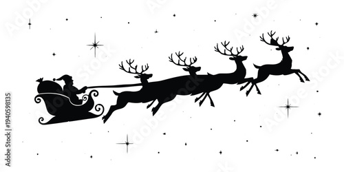 Silhouette of Santa Claus in Sleigh Pulled by Reindeer, Christmas