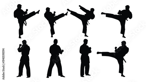 Seven black silhouettes of men in different karate poses
