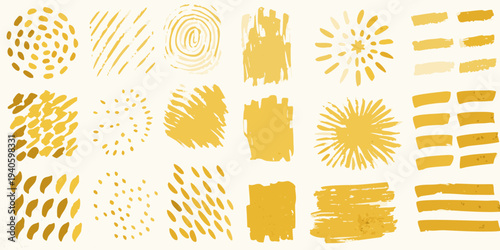 Abstract golden brushstrokes and patterns arranged in a grid format