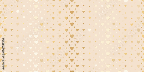 Delicate background with scattered golden and white hearts on a beige tone