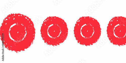 Four red circular shapes resembling targets or rough brushstrokes