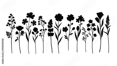 A group of black flower silhouettes on a white background