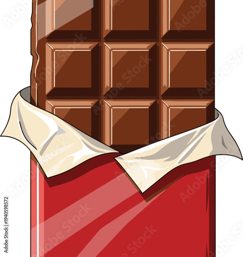 Chocolate bar partially unwrapped sweet dessert cocoa candy vector illustration