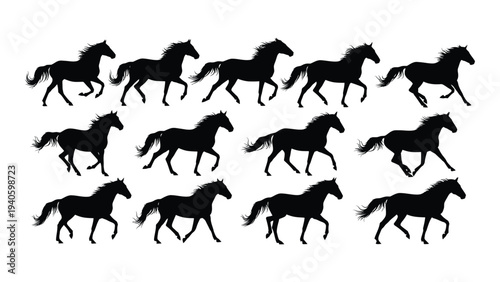 A group of black horse silhouettes running