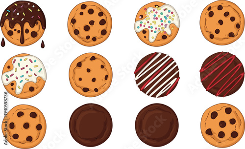 Chocolate chip cookies and glazed biscuits dessert collection vector illustration set