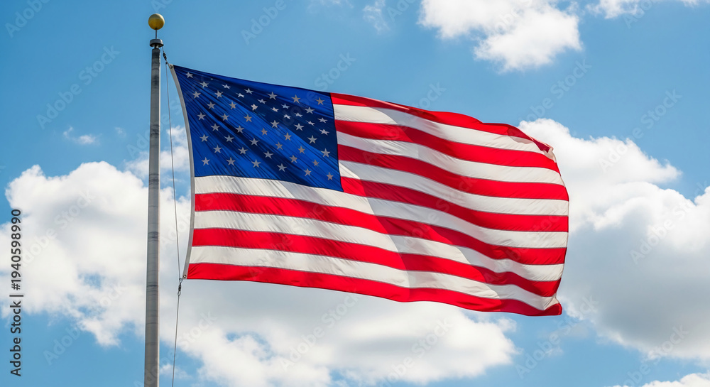Obraz premium Image of United States flag waving against blue sky with white clouds, symbolizing patriotism, national pride and freedom, perfect for independence concepts