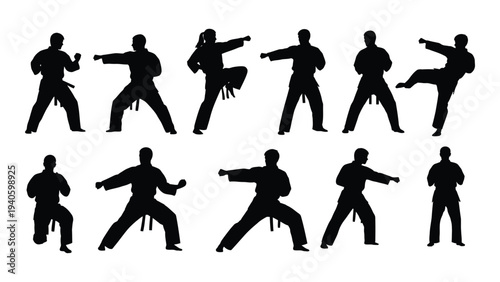 A group of people doing various martial arts poses