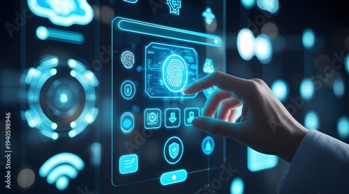 Futuristic Digital Transformation Concept with Holographic UI and Virtual Touchscreen Interface