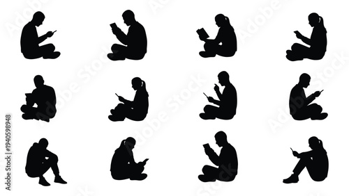 A set of nine black silhouettes of people sitting in various positions