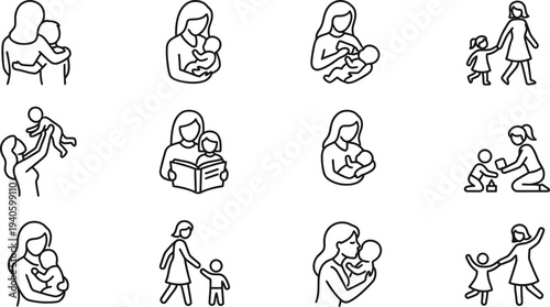 Mother and child illustrations in various daily activities