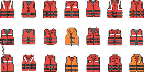 Life jacket and safety vest collection personal flotation device vector illustration set