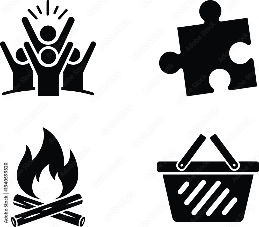 Fototapeta premium Four black and white icons representing teamwork puzzle camping and shopping