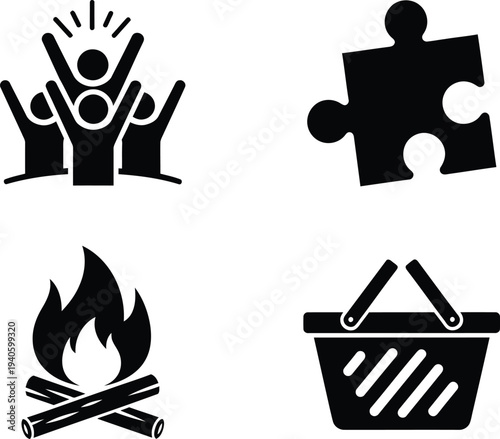 Four black and white icons representing teamwork puzzle camping and shopping