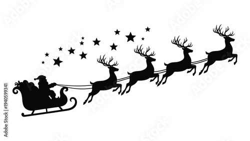 Santa claus rides through the night sky in his sleigh pulled by reindeer