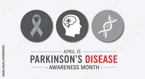Parkinson’s Disease Awareness Month April Background with Brain DNA and Ribbon Icons for Neurology Research and Patient Support Marketing