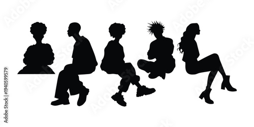 Silhouettes of Diverse People Sitting and Posing, Casual Style