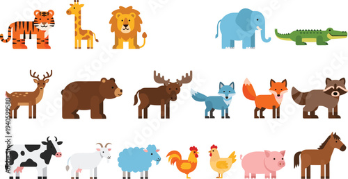Wild and farm animals collection tiger giraffe lion elephant crocodile deer bear fox raccoon cow sheep pig horse vector illustration