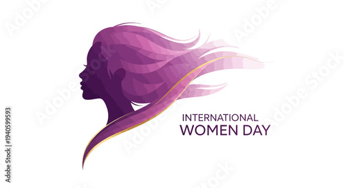Illustration of a woman's purple silhouette profile with flowing hair and the International Women's Day logo on a white background, symbolizing gender equality and women's empowerment.
