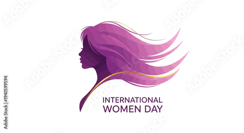 Illustration of a woman's silhouette with flowing hair and the text 'International Women's Day' on a white background, symbolizing empowerment and equality.