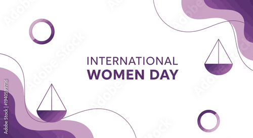 Illustration of International Women's Day with purple design elements on a white background, featuring abstract shapes and sailboat icons.