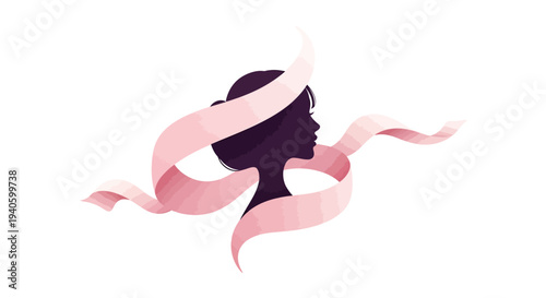 Illustration of a woman's silhouette with pink ribbons on a white background, symbolizing International Women's Day with a design element.
