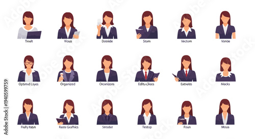 Illustration of a businesswoman character in various poses and expressions on a white background, representing International Women's Day with a mix of professional and emotive designs.