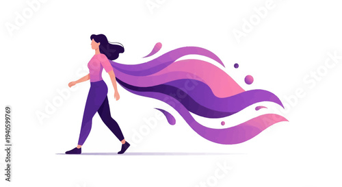 Illustration of a woman walking with flowing purple hair on International Women's Day, symbolizing empowerment and equality on a white background.