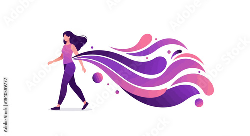 Illustration of a woman walking with a flowing purple and pink design on International Women's Day, symbolizing empowerment and equality in a vibrant, artistic style against a clean white