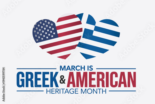 March is Greek and American Heritage Month Banner with Flag Heart Icons for Cultural Community Events and Social Media Marketing Campaigns