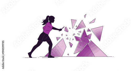 A woman pushes apart purple glass shattering on a white background celebrating International Women's Day with a symbol of empowerment and strength through illustration design.
