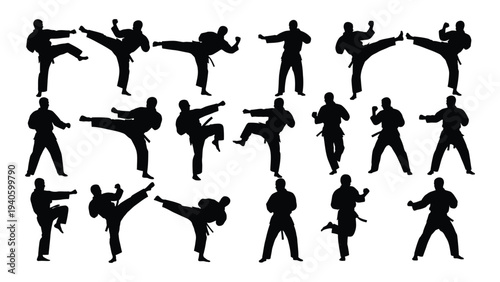 Various black silhouettes of people performing karate kicks and punches