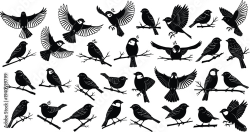 Birds silhouette collection flying perched songbirds sparrow wildlife nature animal black bird set isolated vector illustration bundle pack
