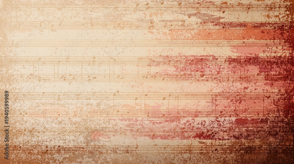 Fototapeta premium Vintage abstract background with musical staves and notes over distressed halftone, warm aged tones, nostalgic music and art concept, retro design for creative artistic projects