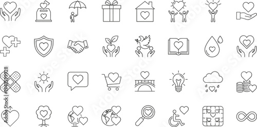 Charity donation and love care line icons set, volunteering support, humanitarian help, kindness compassion concept outline vector