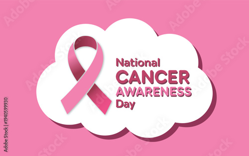 National Cancer Awareness Day Banner with Pink Ribbon and Cloud Shape Background for Healthcare Nonprofit Charity Events and Medical Social Media
