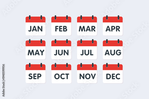Full Year Monthly Calendar Page Icons Set from January to December for Business Scheduling Planning and Minimalist Organizer App Interface Design