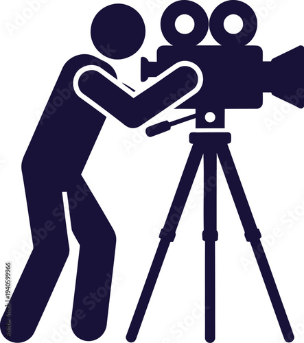 A stylized silhouette figure operates a professional video camera mounted securely on a sturdy tripod, suggesting filmmaking or content.