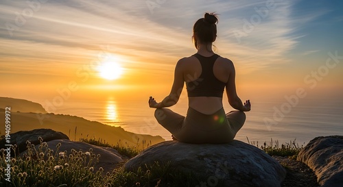 Silhouette of a woman meditating in a lotus pose on the beach at sunset to find zen and peace through fitness and nature relaxation