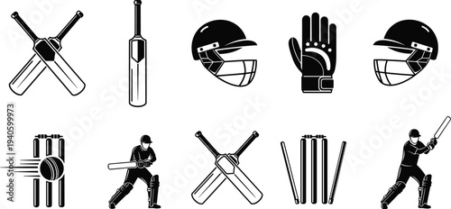 Cricket sport icons set, bat ball helmet gloves wicket player silhouette equipment collection for game tournament vector illustration