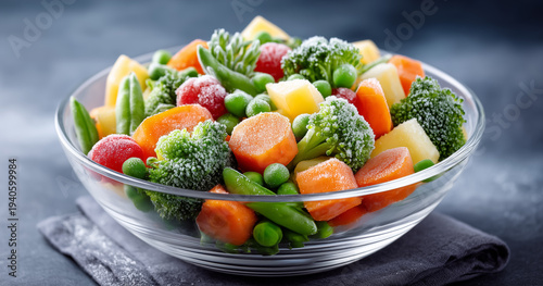 Bright frozen vegetables on a glass plate, including carrots, broccoli, peas, and bell peppers. Perfect for healthy cooking, meal prep, recipes, and food blogs.