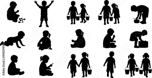 Black silhouettes of children playing crawling walking and carrying buckets isolated on white background for childhood development and parenting education