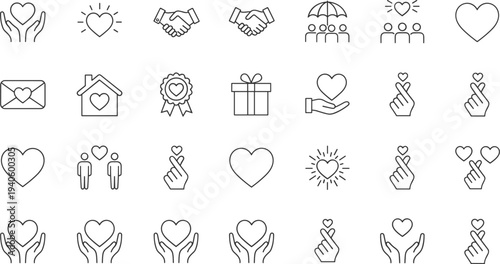 Love care and kindness line icons set, heart support, relationship compassion, charity help concept outline vector