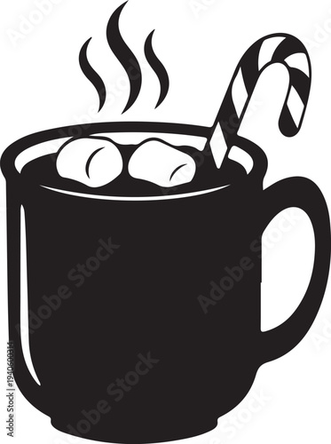 Hot chocolate in a mug with marshmallows and candy cane isolated on transparent background