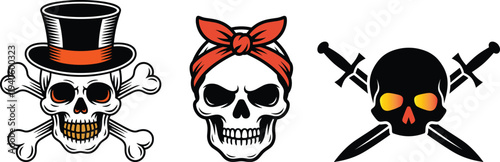 Skull with top hat and crossbones vector emoji, symbol for danger, Halloween, pirate