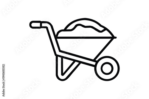 A simple line drawing of a wheelbarrow filled with a pile of dirt or sand on a white background. Resizable and Editable. EPS, 10.
