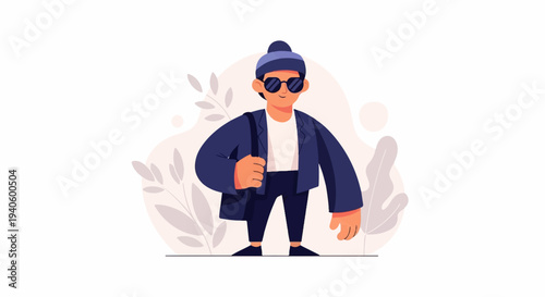 Stylized person in casual attire with sunglasses and a bag, set against abstract foliage