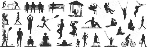 people, silhouette, activity, icons, set, outdoor, sport, recreation, lifestyle, children, playing, running, cycling, fishing, swing, yoga, park, fitness, vector, collection