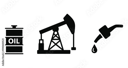 Oil barrel pump jack gas nozzle with drop icon set.